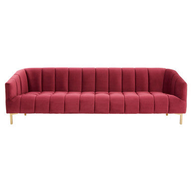 A plush bella 3 seat wine velvet sofa with deep red tufted back and gold tone legs perfect for stylish living rooms