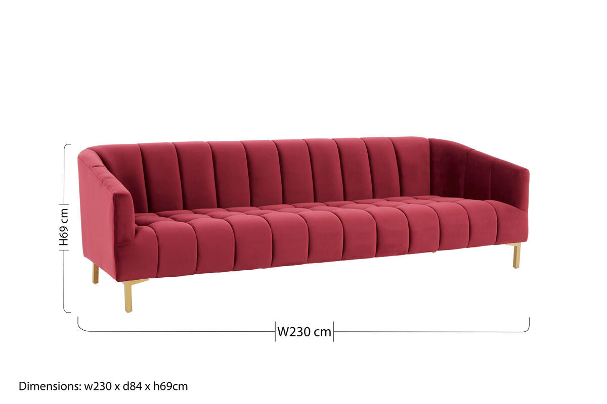 Bella 3 seat wine velvet sofa in deep red with tufted upholstery and slim gold-tone legs wine velvet sofa