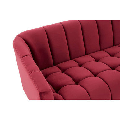 Bella 3 seat wine velvet sofa with tufted cushions and a curved backrest in rich red velvet sofa design
