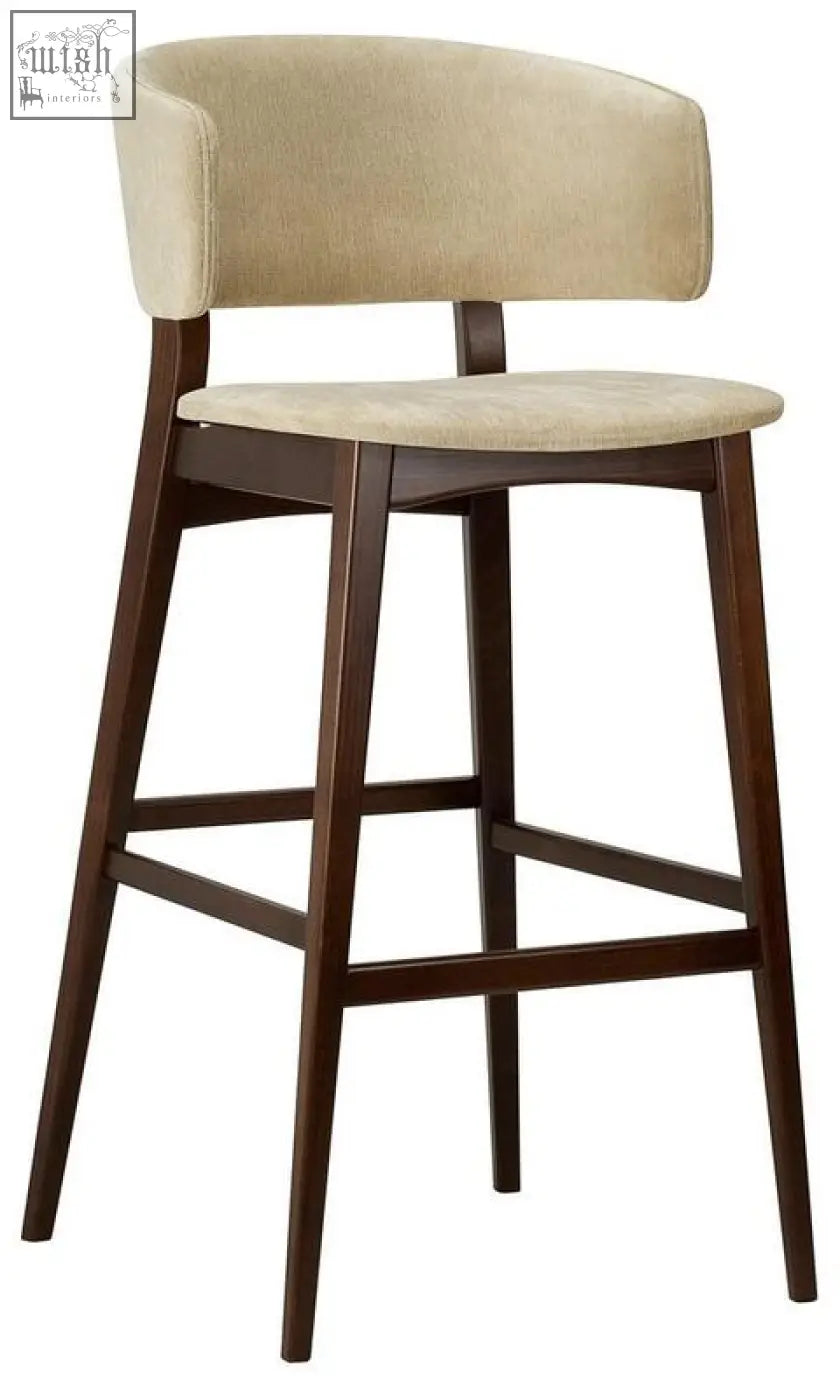 Beige bella tall stool with solid beech dark wood legs and high density foam curved backrest for comfortable seating