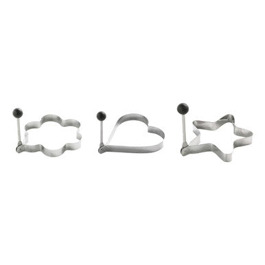 Set of three stainless steel egg rings in cloud heart and star shapes from bellano heart shape collection