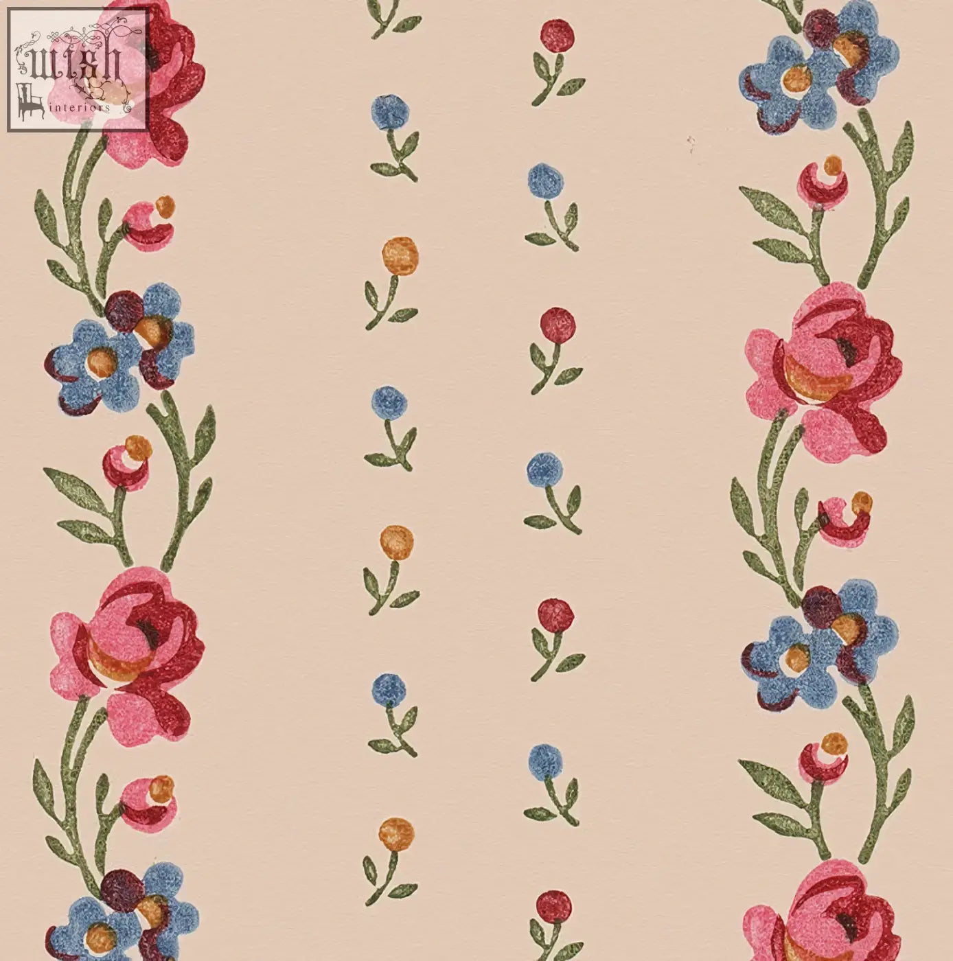 Beige belle buds blush wallpaper with vertical floral stripes featuring pink roses blue flowers and green stems