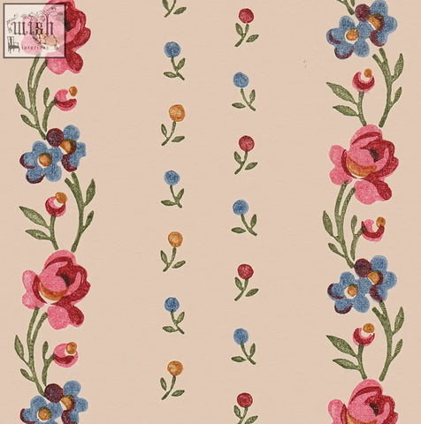 Beige belle buds blush wallpaper with vertical floral stripes featuring pink roses blue flowers and green stems