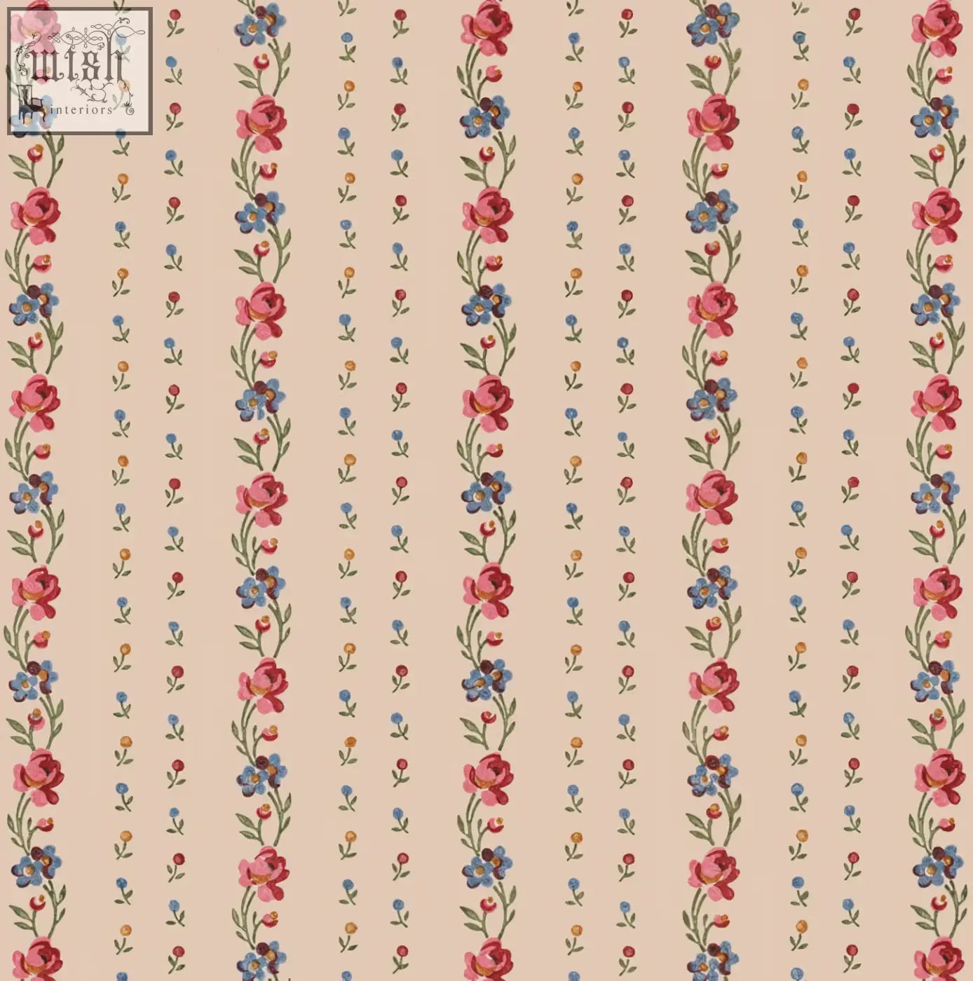 Beige fabric with vertical stripes and pink roses blue flowers in a vintage floral pattern for belle buds blush wallpaper