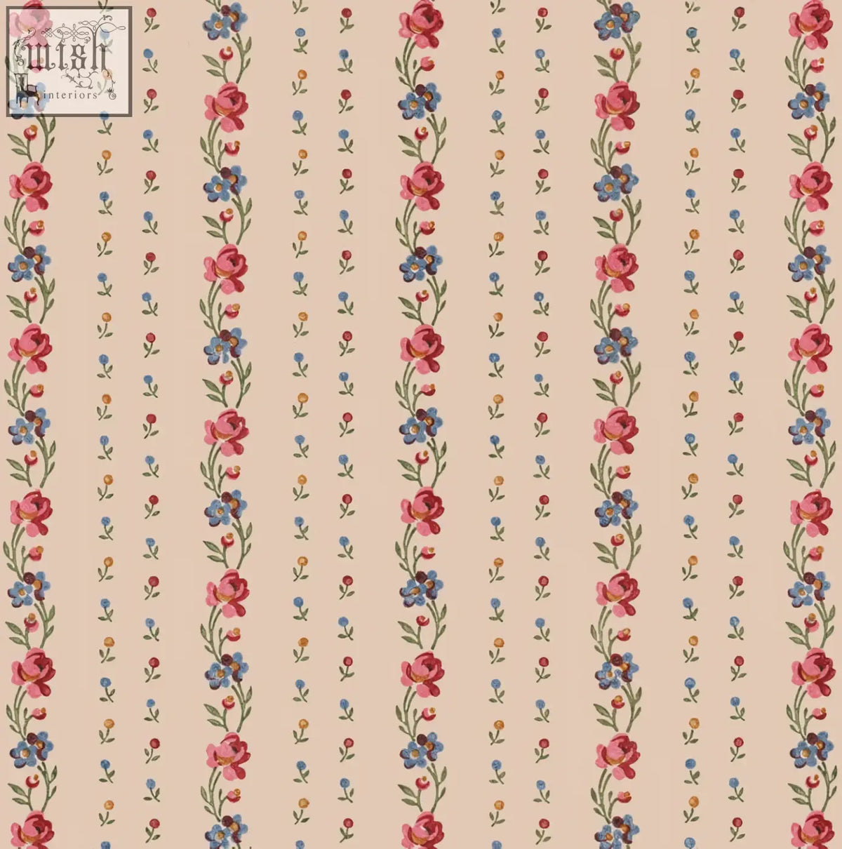 Beige fabric with vertical stripes and pink roses blue flowers in a vintage floral pattern for belle buds blush wallpaper