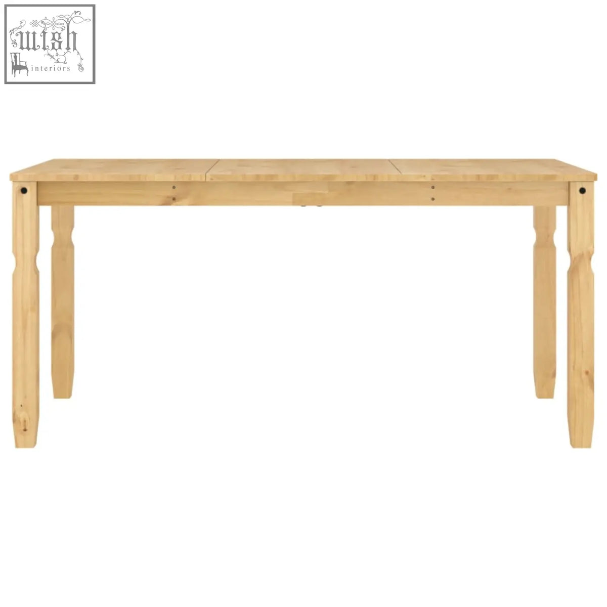 Light-colored solid wood dining table bello pinewood 160cm with simple rustic design and tapered legs
