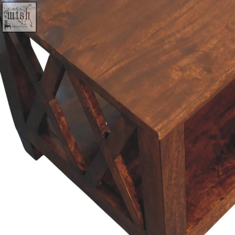 Dark brown handcrafted belmont x-frame chestnut coffee table with geometric lattice design and lower shelf
