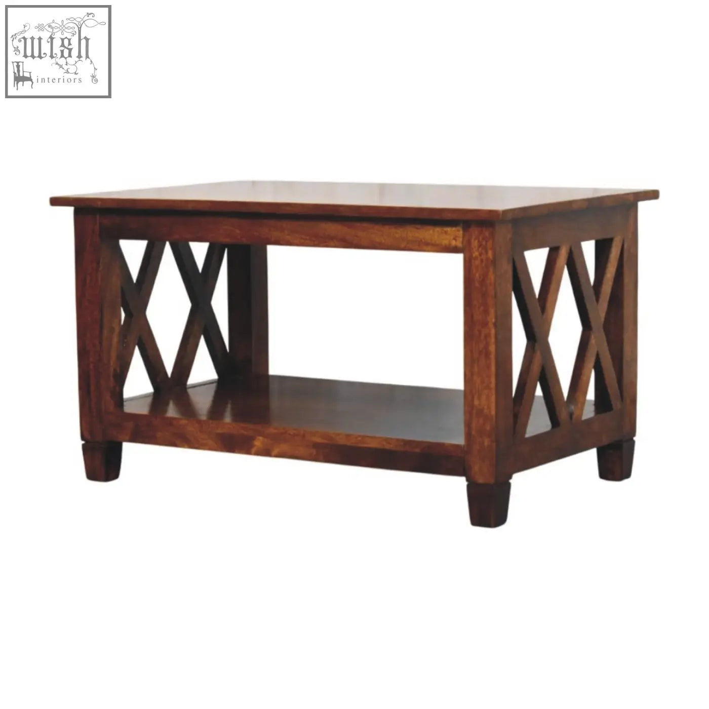 Belmont x-frame chestnut coffee table with dark brown wood, rectangular top, lower shelf, and x-shaped lattice sides