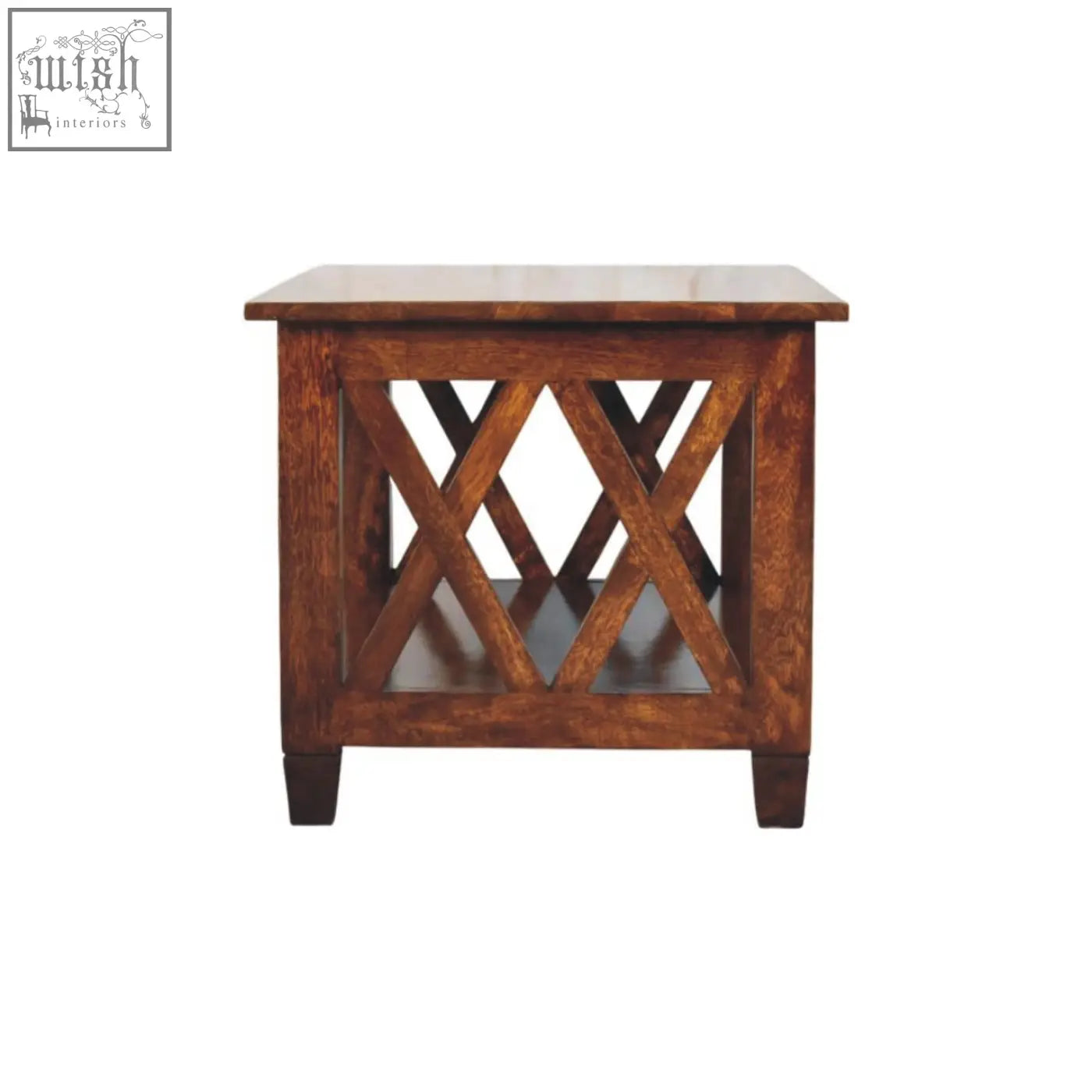 A rustic chestnut coffee table with a diamond lattice front panel and lower shelf from the belmont x-frame series