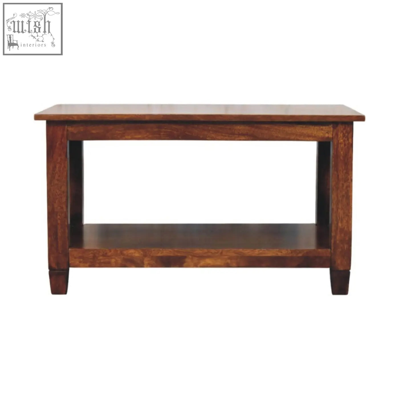 Belmont x-frame chestnut coffee table with solid wood, warm brown finish, natural grain, and a lower shelf for storage