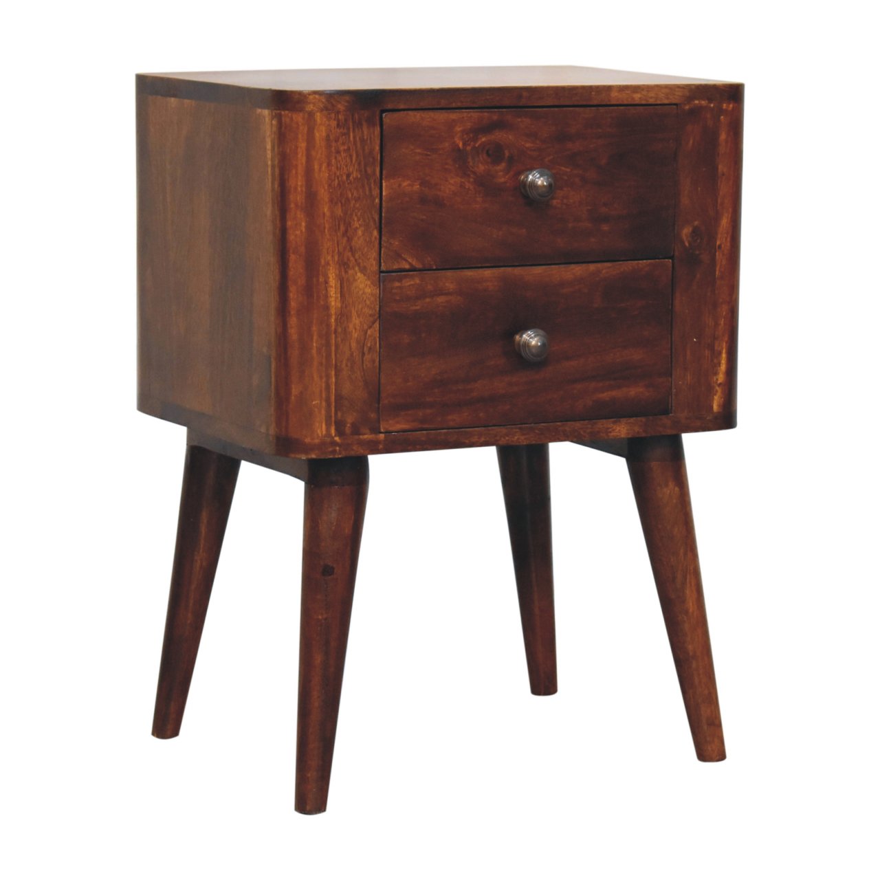 Dark brown bera bedside table with two drawers and tapered legs made of solid mango wood chestnut finish