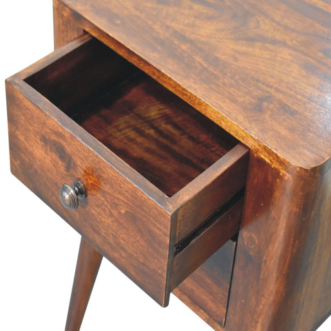 Dark brown chestnut bedside table with single drawer and tapered legs made from solid mango wood
