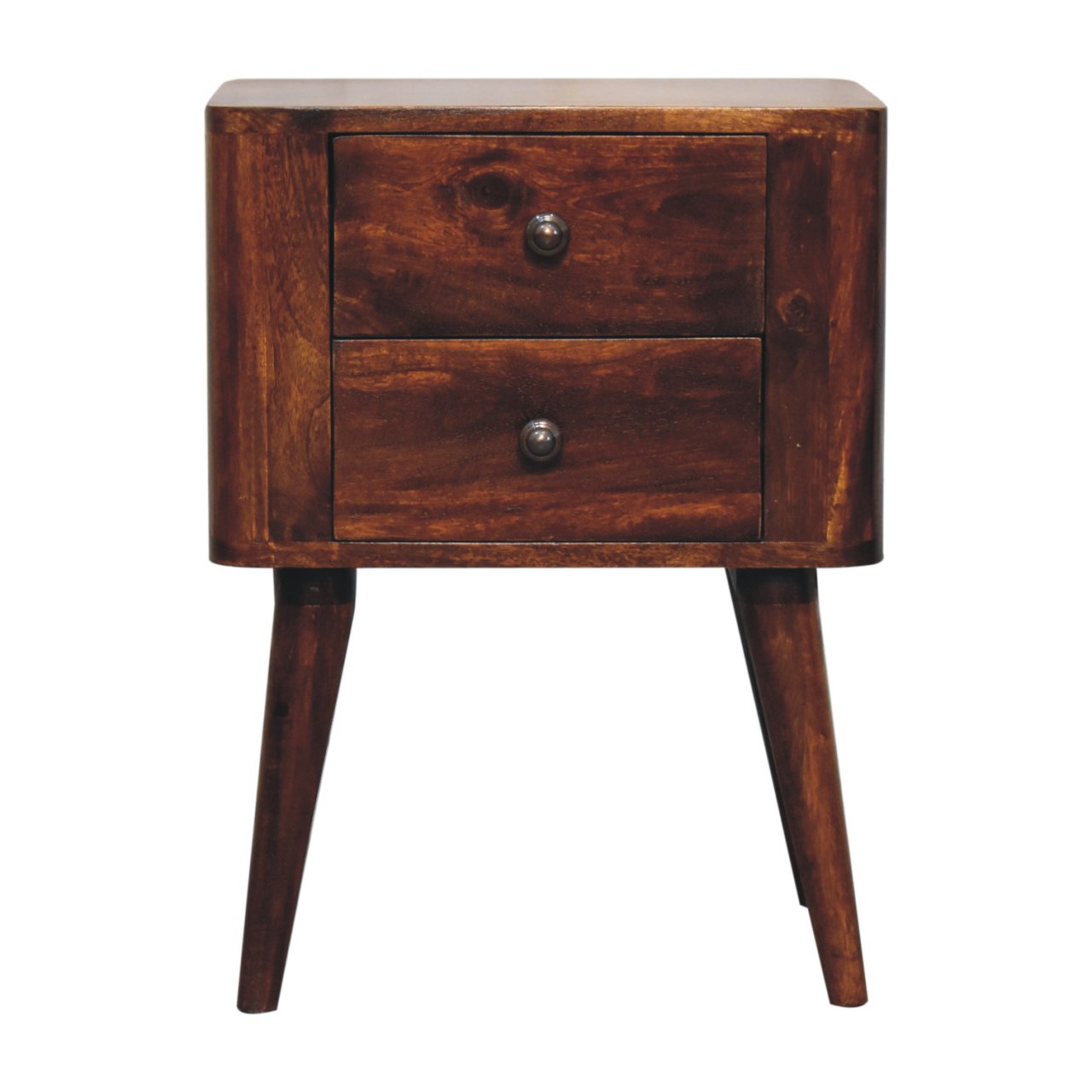 Dark brown bera bedside table with two drawers made of solid mango wood and tapered legs in chestnut finish