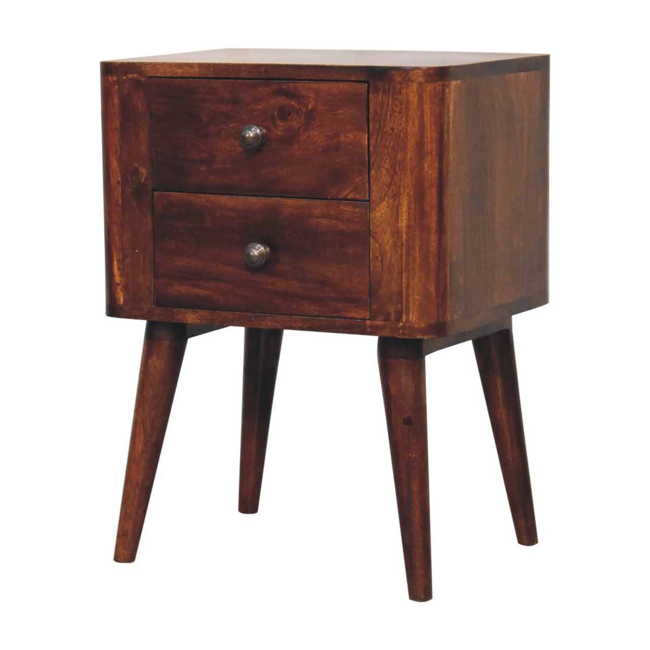 Dark brown chestnut bedside table with two drawers and tapered legs made from solid mango wood