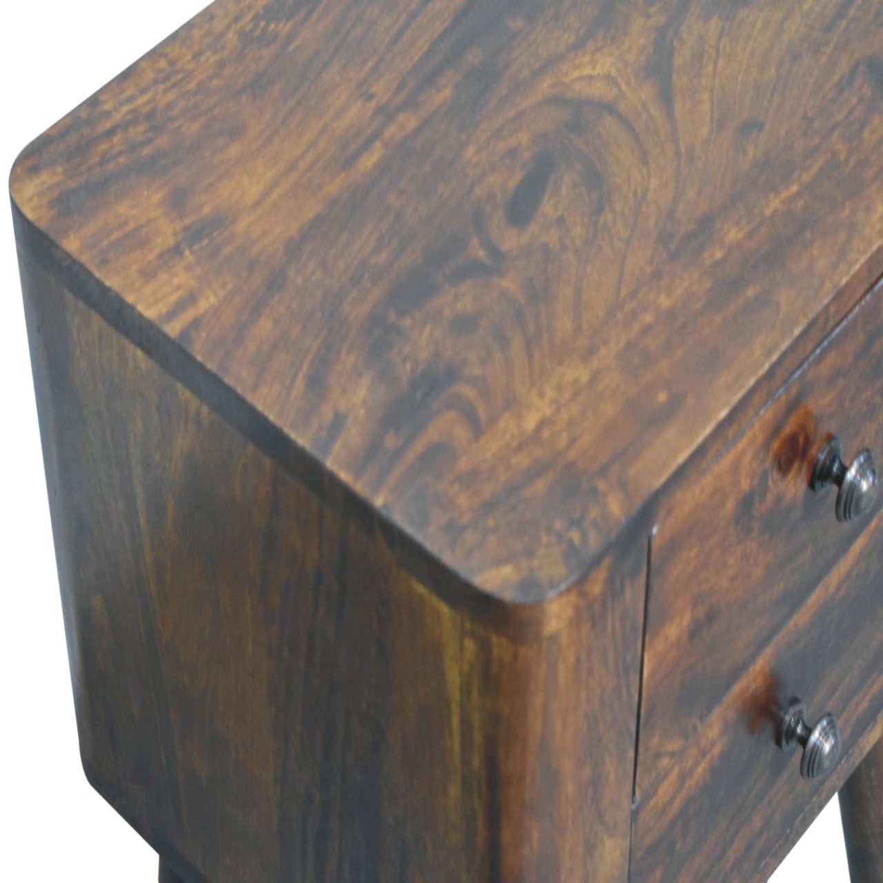 Dark brown bera bedside table made of solid mango wood with two drawers and silver-toned knobs in chestnut finish