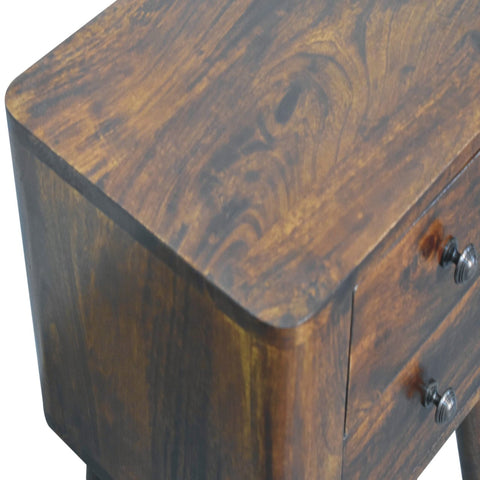 Dark brown bera bedside table made of solid mango wood with two drawers and silver-toned knobs in chestnut finish