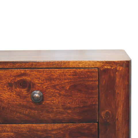 Bera bedside table in rich brown chestnut solid mango wood with visible grain and round metallic drawer knob