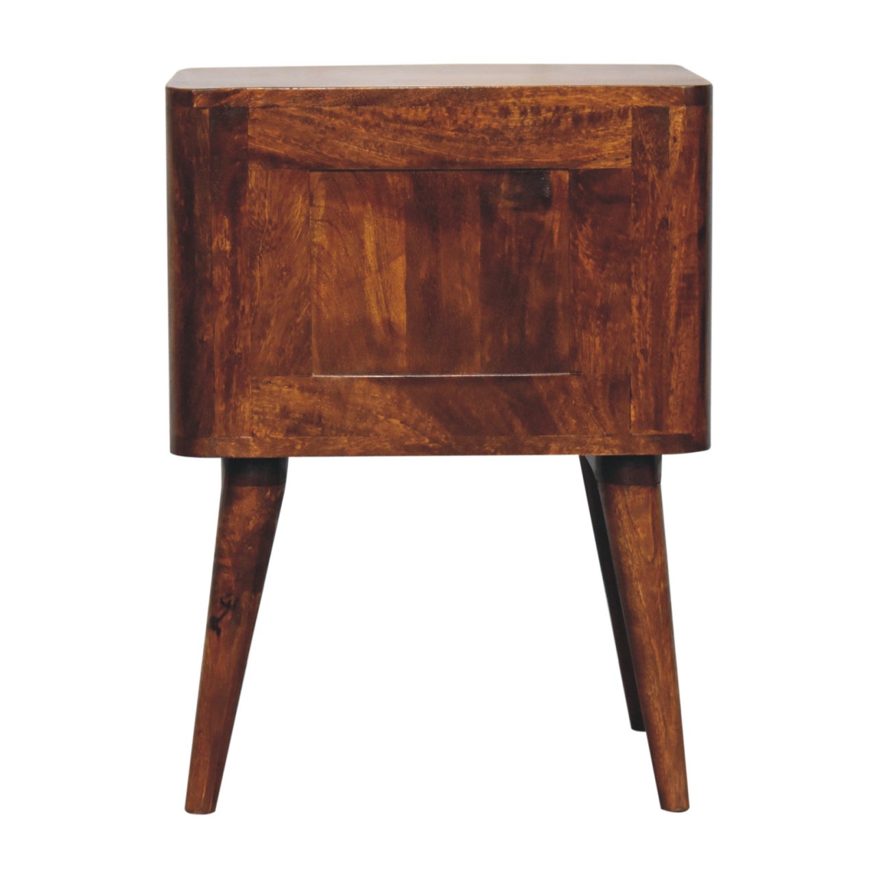 Bera bedside table in chestnut solid mango wood with rich brown finish and visible grain patterns