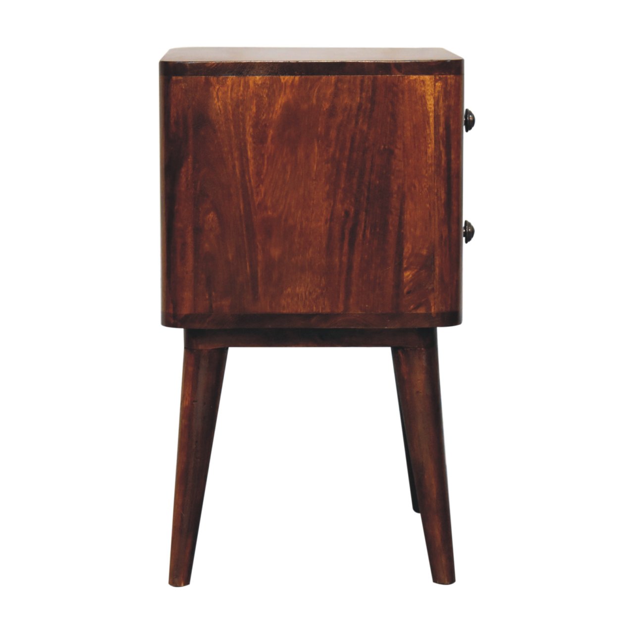 A sleek dark brown bera bedside table made of solid mango wood with tapered legs and smooth chestnut finish