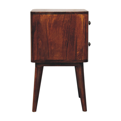 A sleek dark brown bera bedside table made of solid mango wood with tapered legs and smooth chestnut finish