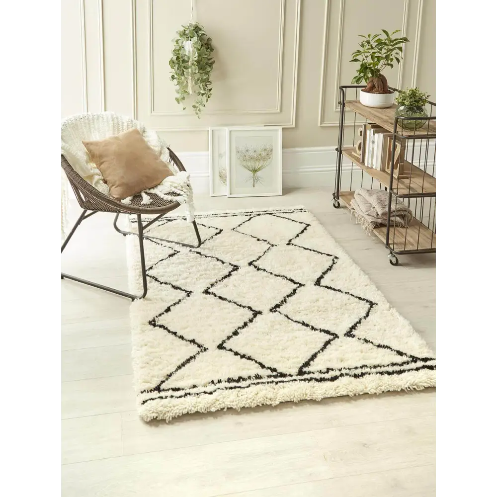 Berber Cream/Black Wool Shaggy Rug - Rugs