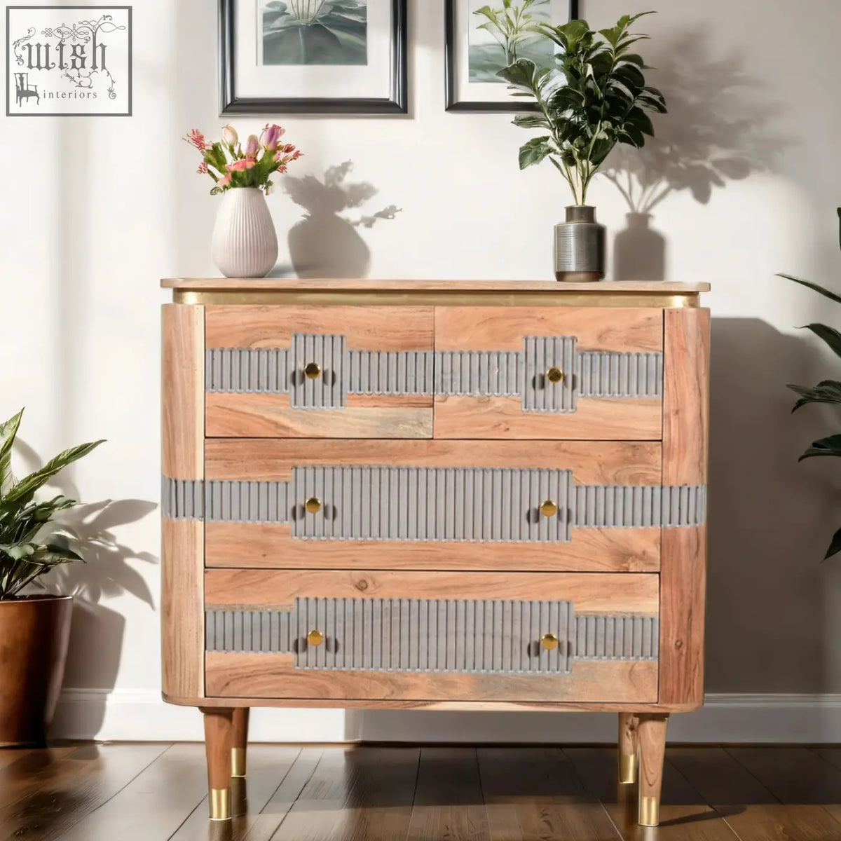 A berkley acacia wood mid-century modern design dresser with gray ribbed panels and gold-tone hardware