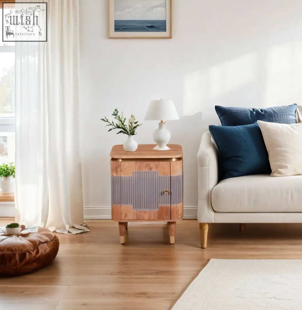 Berkley acacia wood bedside table with solid acacia wood, geometric gray stripes, natural wood accents, and brass drawer handle
