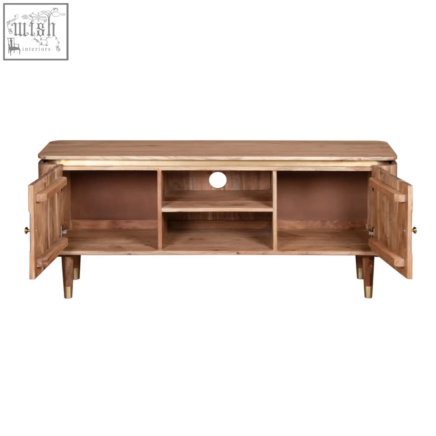 Light brown berkley acacia wood tv unit with gold hardware and legs featuring two open lower storage compartments