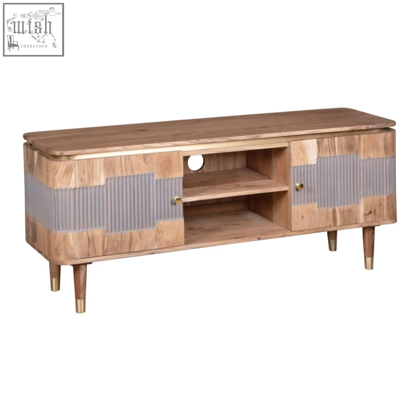 Berkley acacia wood tv unit with natural wood finish gray ribbed panels and brass legs for stylish lower storage compartments