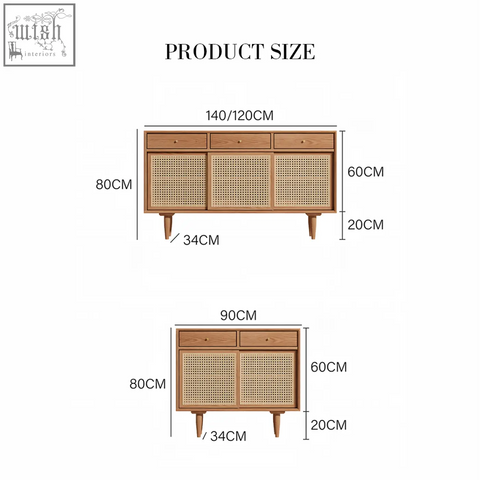 Light brown pine wood bertha rattan sideboard with three cane doors two drawers and tapered legs