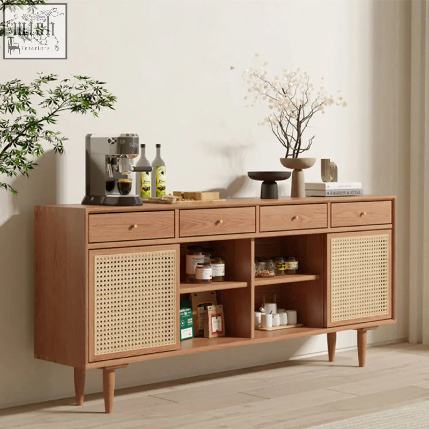 Light wood bertha rattan sideboard with cane panel doors and mid-century modern pine wood legs and drawers