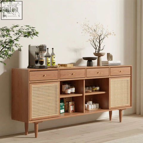 Light wood bertha rattan sideboard with cane panel doors and mid-century modern pine wood legs and drawers