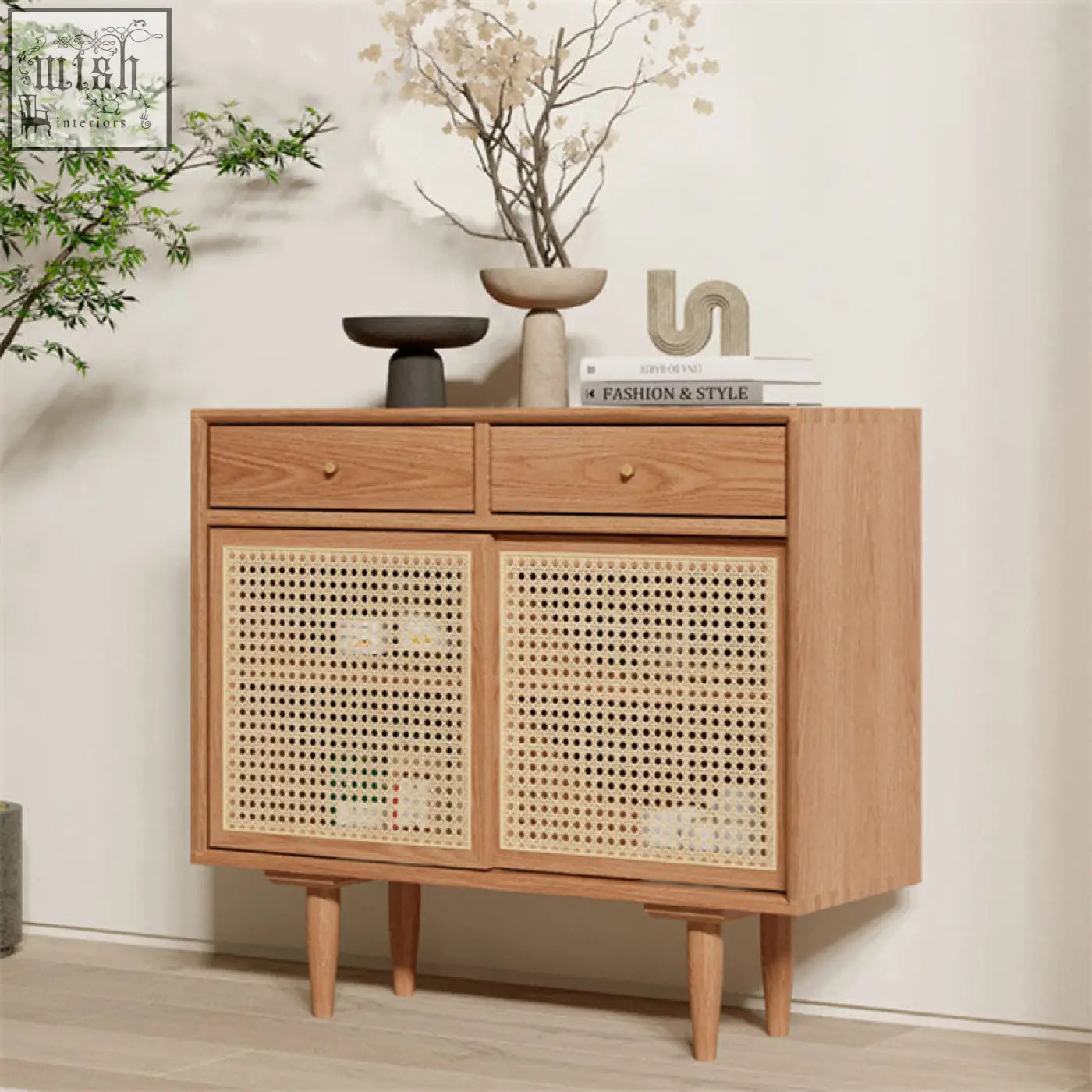 Light wood finish bertha rattan sideboard with pine wood frame woven cane panel doors and two top drawers