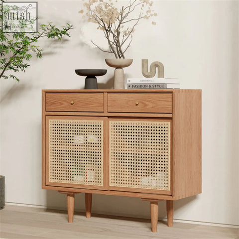 Light wood finish bertha rattan sideboard with pine wood frame woven cane panel doors and two top drawers