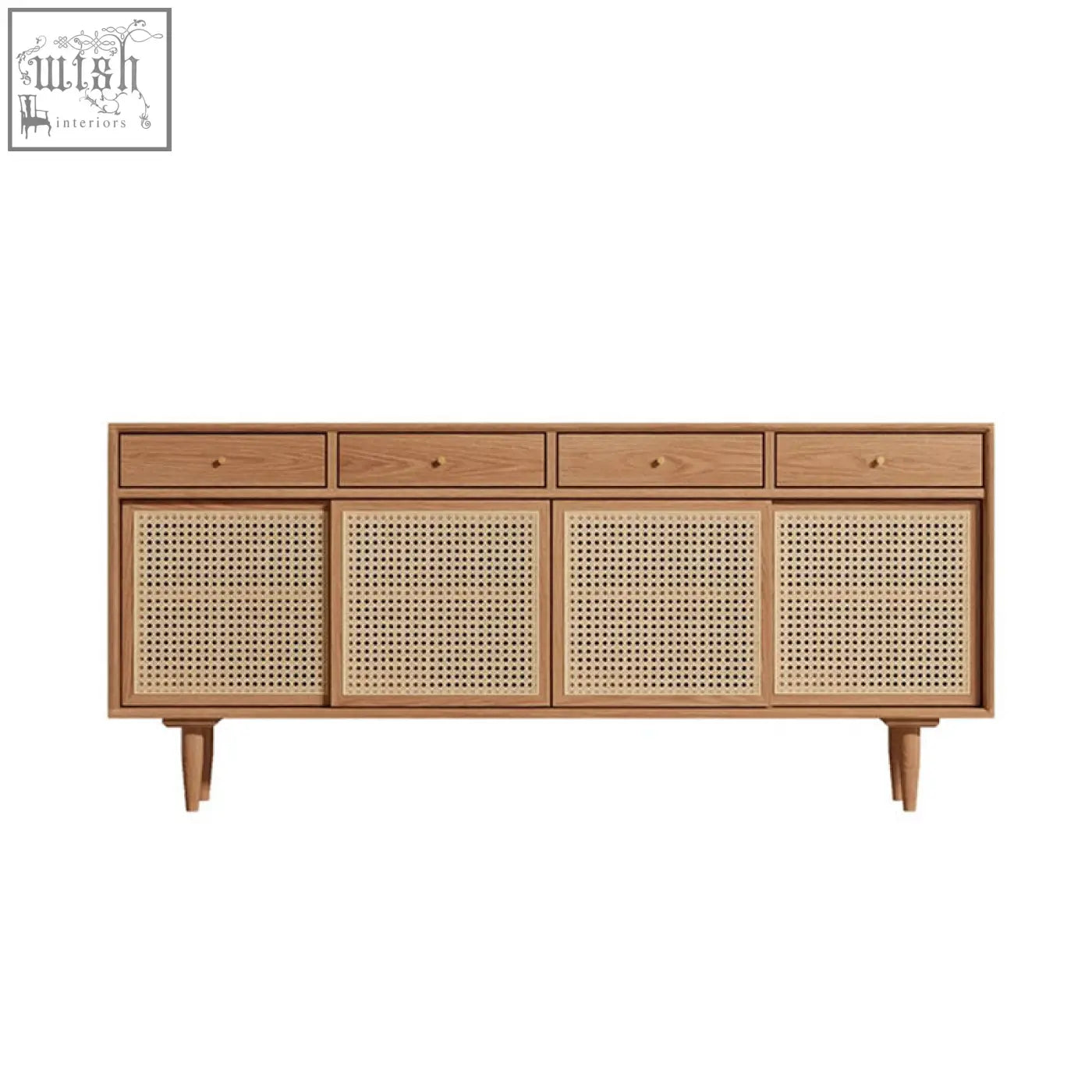 Light wood bertha rattan sideboard with four drawers and cane-paneled doors made of pine wood on tapered legs