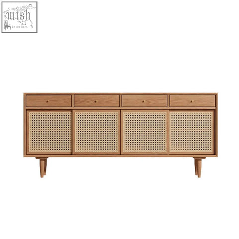 Light wood bertha rattan sideboard with four drawers and cane-paneled doors made of pine wood on tapered legs