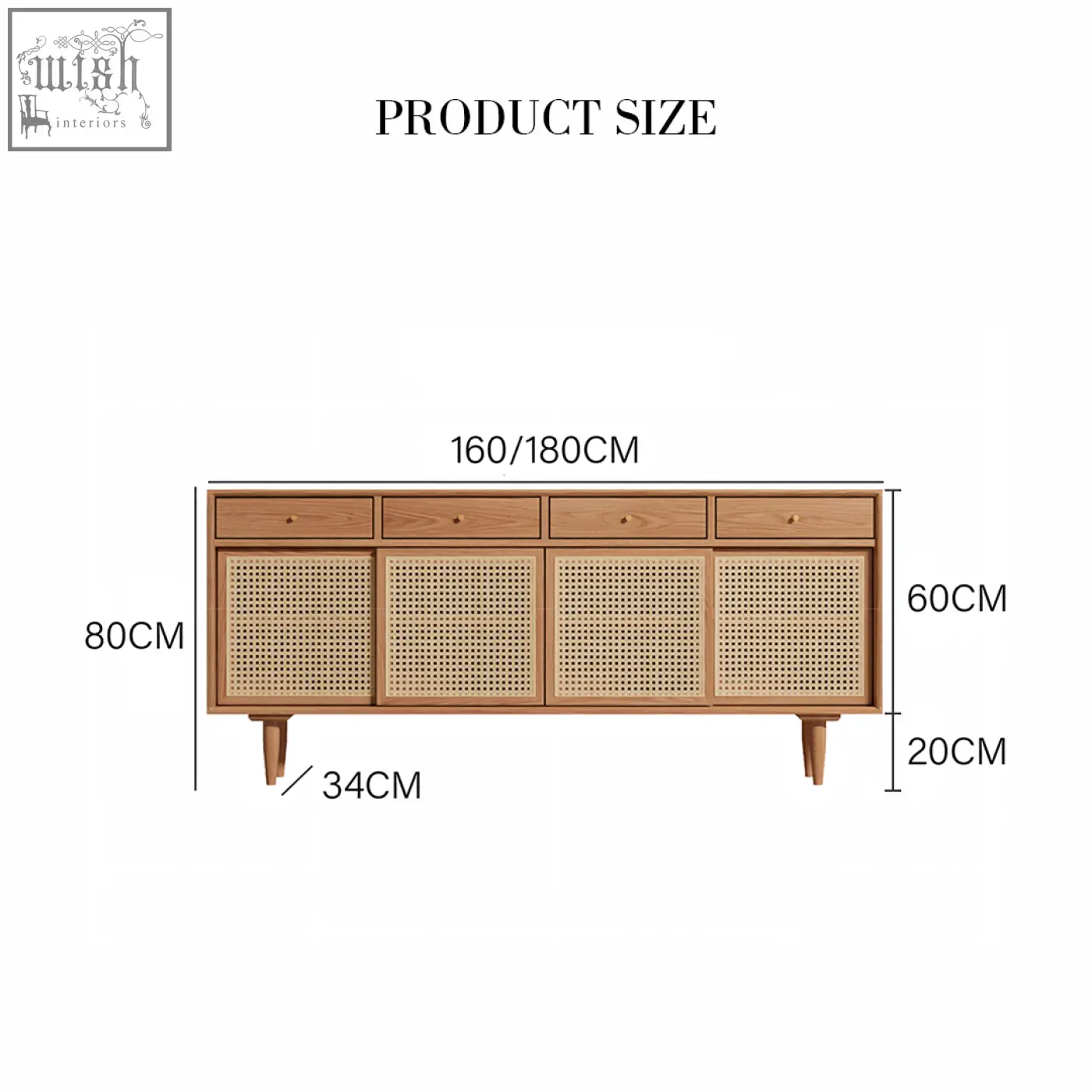 Light wood bertha rattan sideboard with four drawers three cane-paneled doors on tapered legs in pine wood