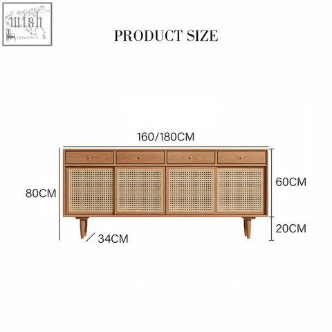 Light wood bertha rattan sideboard with four drawers three cane-paneled doors on tapered legs in pine wood