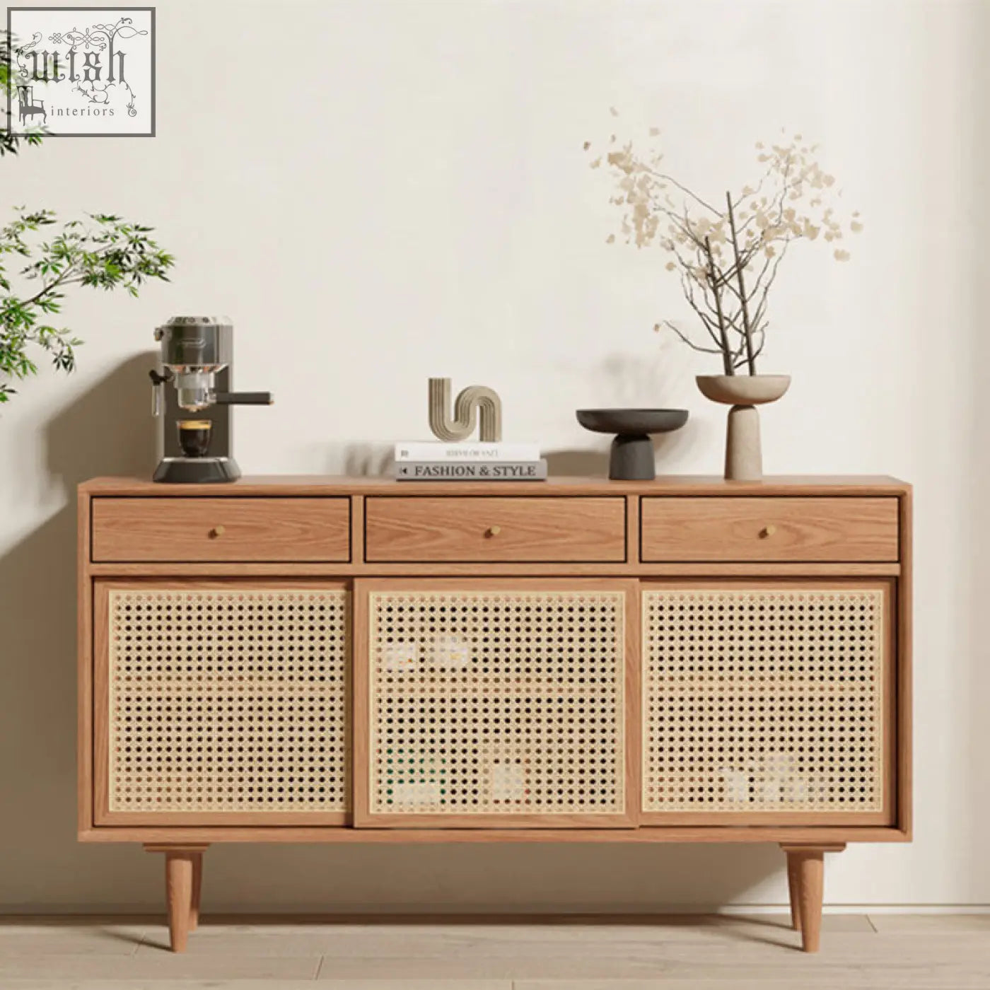 Light wood bertha rattan sideboard with pine wood frame woven cane doors and slender tapered legs