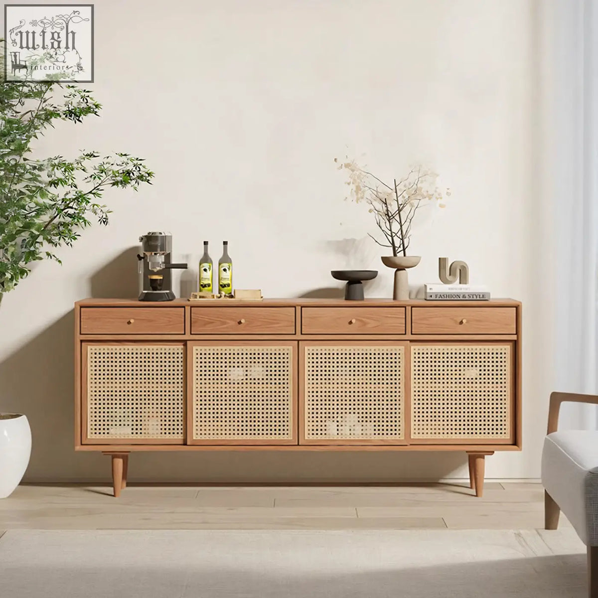 Light pine wood bertha rattan sideboard with woven cane panels and tapered legs for stylish storage