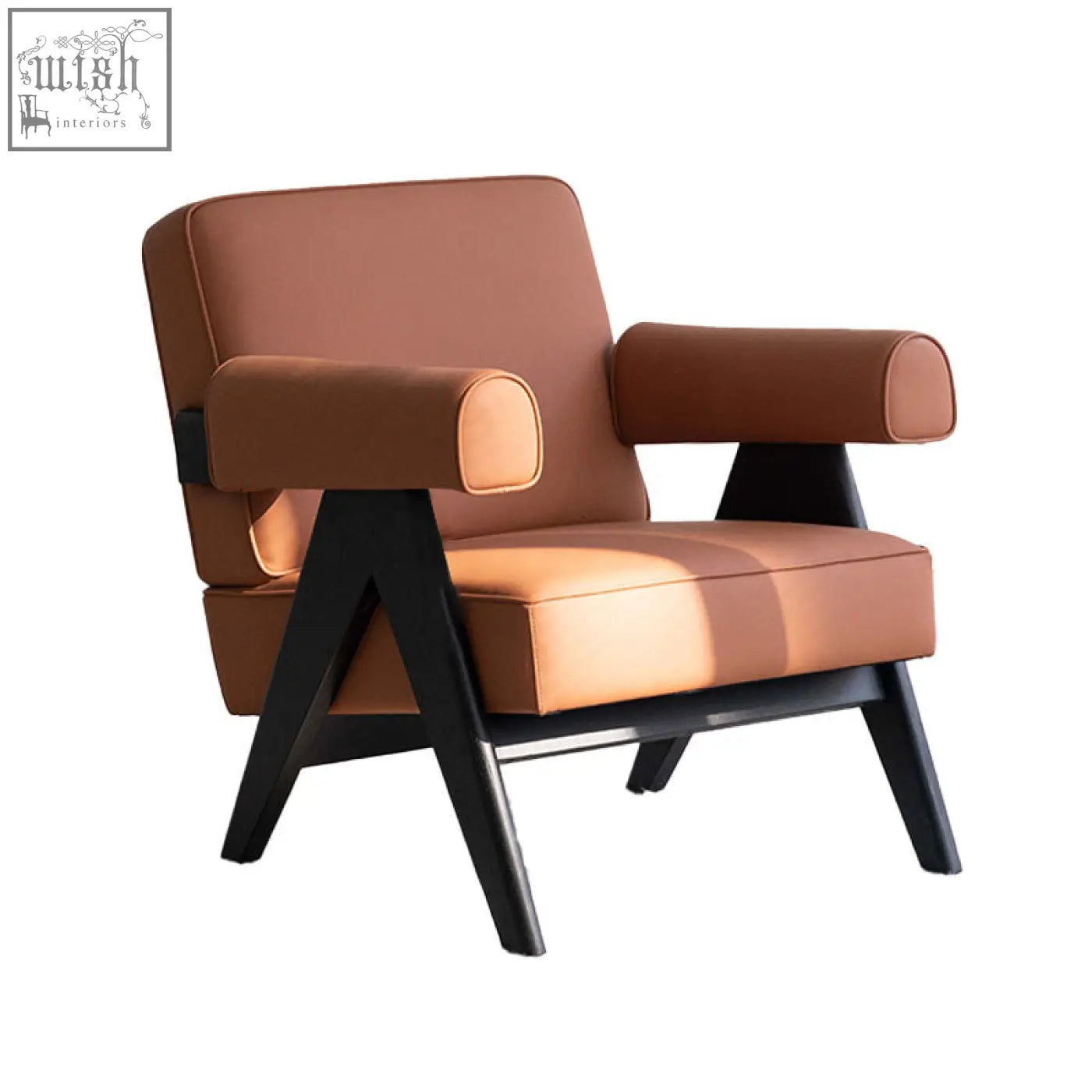 Brown bertran armchair in microfiber leather with black wooden legs and a modern minimalist design