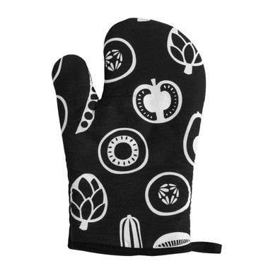 Black Besa single oven glove with white vegetable illustrations made with mixed fibre fillings for hot protection