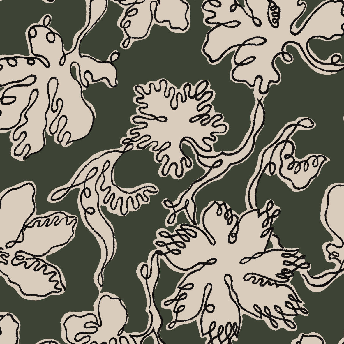 Beige floral patterned piped headboard with black line art on dark green background wide x 120cm tall bespoke design