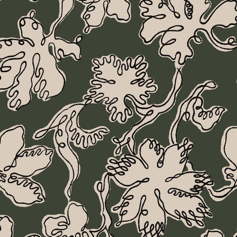 Beige floral patterned piped headboard with black line art on dark green background wide x 120cm tall bespoke design