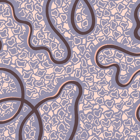 Bespoke piped headboard 120cm tall with repeating wavy pattern in muted purple and blush pink by micaela sharp