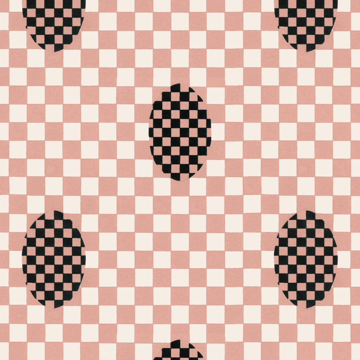 Bespoke piped headboard 120cm tall in pink white checkered fabric with black white oval checkerboard patterns wide x 120cm