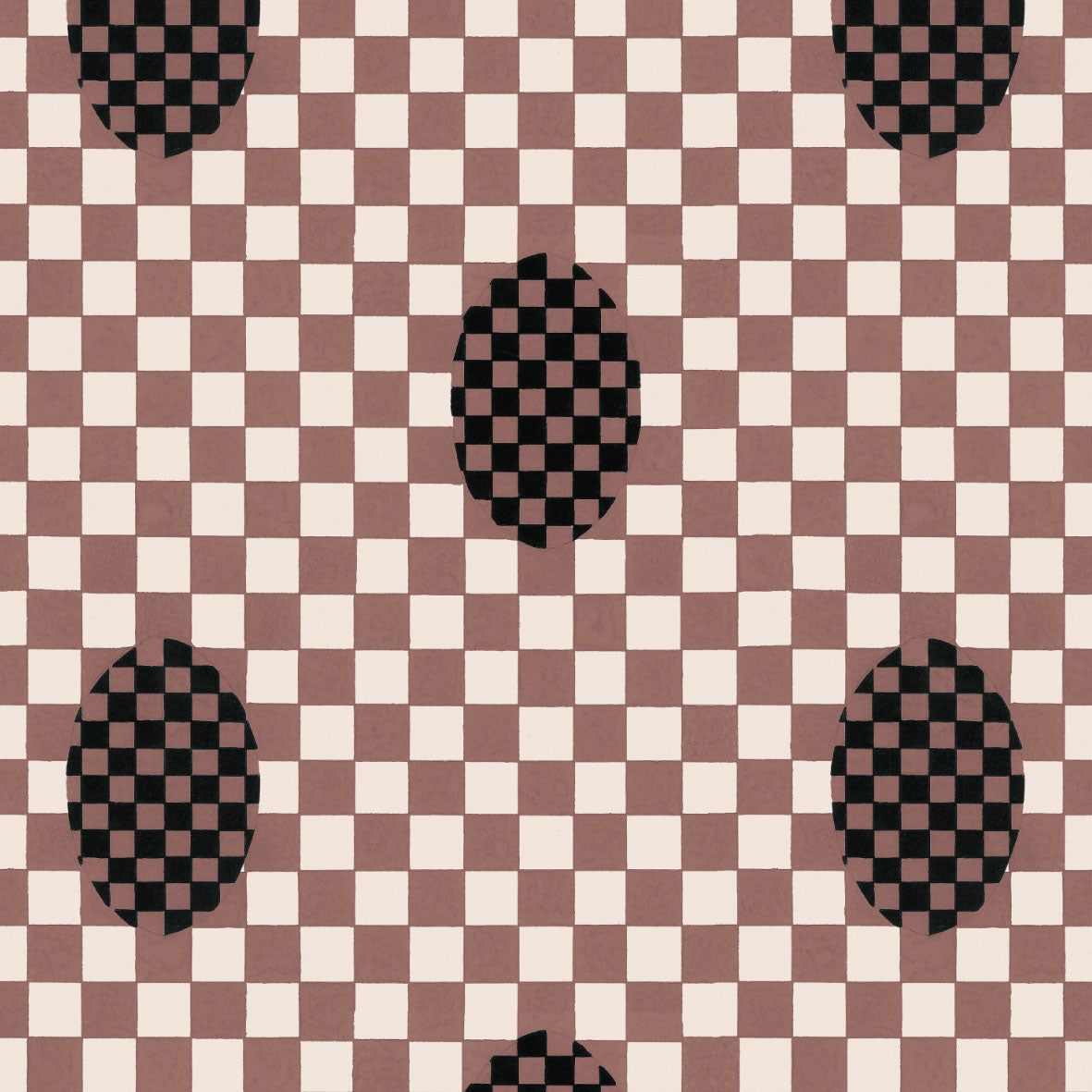 Bespoke headboard with piped detailing featuring black and white checkered ovals on muted pink 120cm tall design