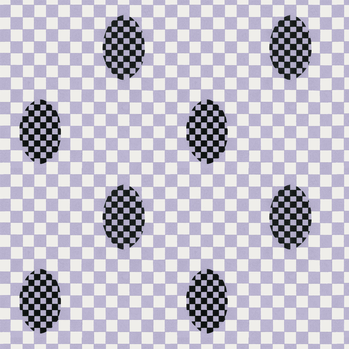 Bespoke headboard 120cm tall with piped edges featuring black and white checkered ovals on a light purple checkerboard background