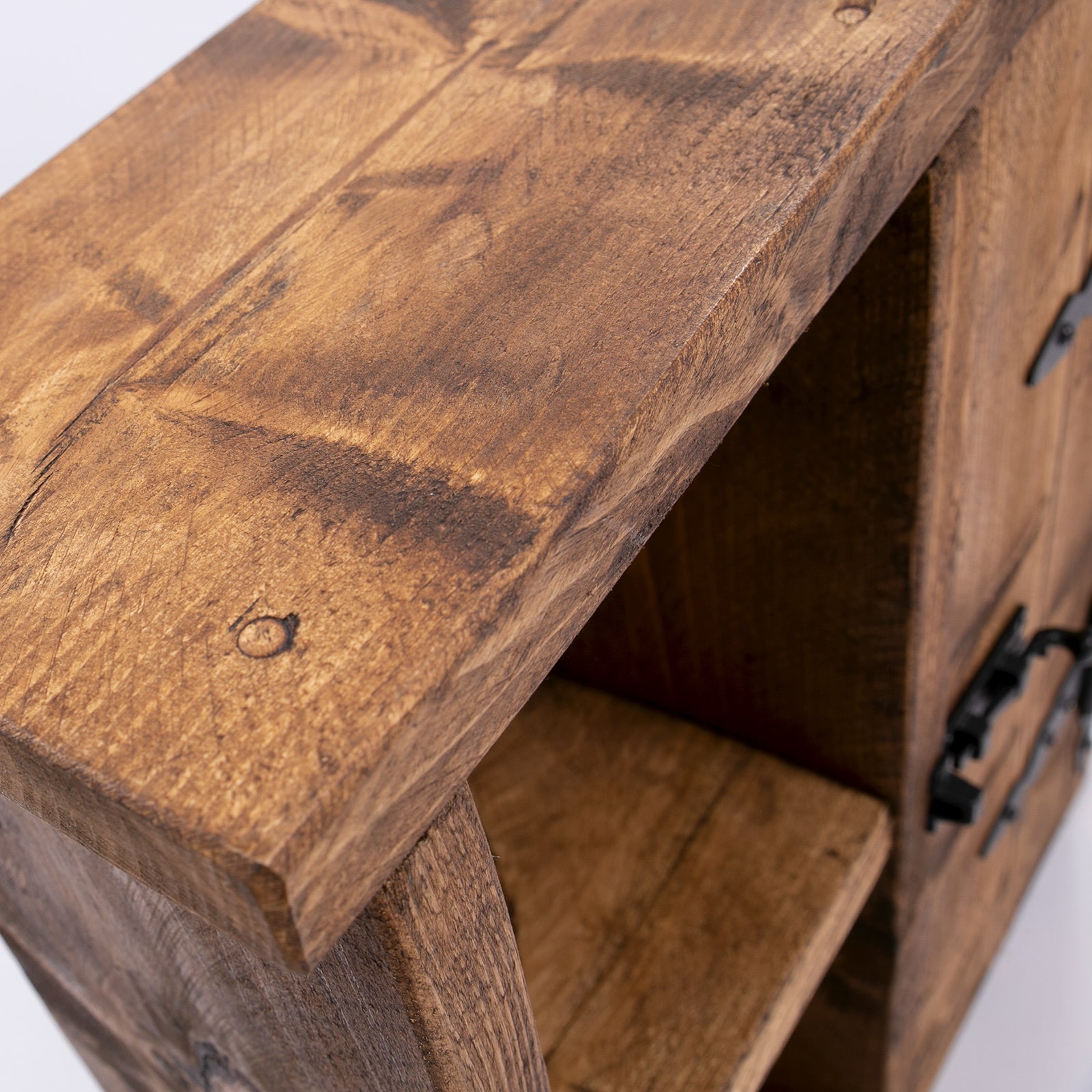 Bespoke rustic side stand wood cabinet unit with dark rustic brown wood cabinet and black metal handles