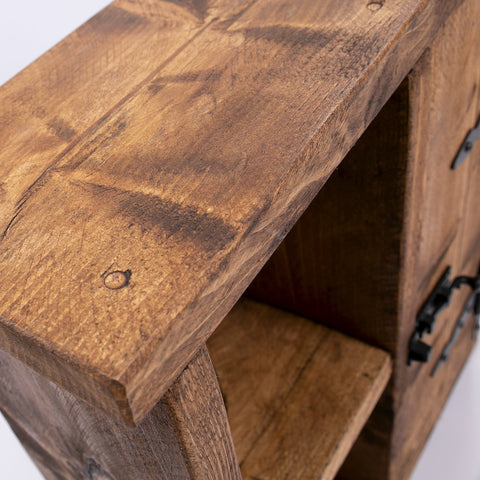 Bespoke rustic side stand wood cabinet unit with dark rustic brown wood cabinet and black metal handles